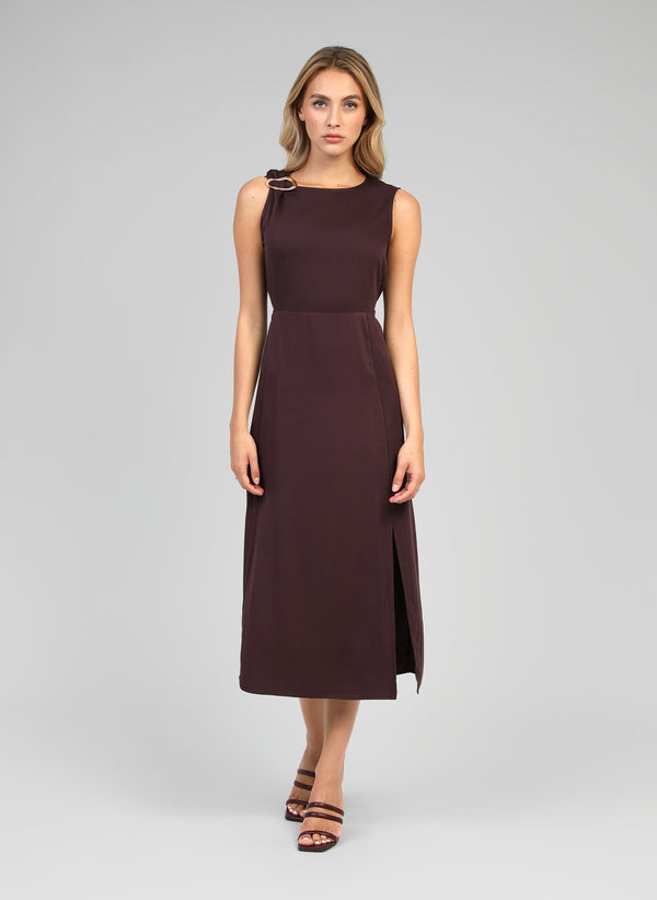 An'ge – Mystral Wine Midi Dress, brown sleeveless midi dress worn by a model, front view