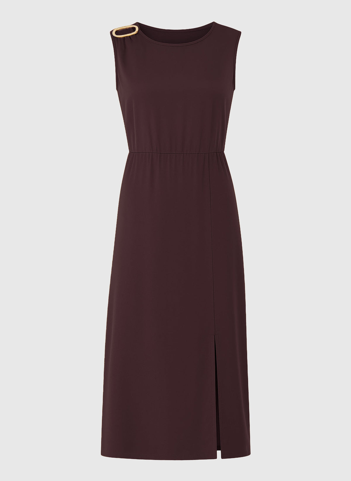 An'ge – Robe Midi Mystral Wine, abito midi smanicato marrone con spacco laterale e dettaglio dorato