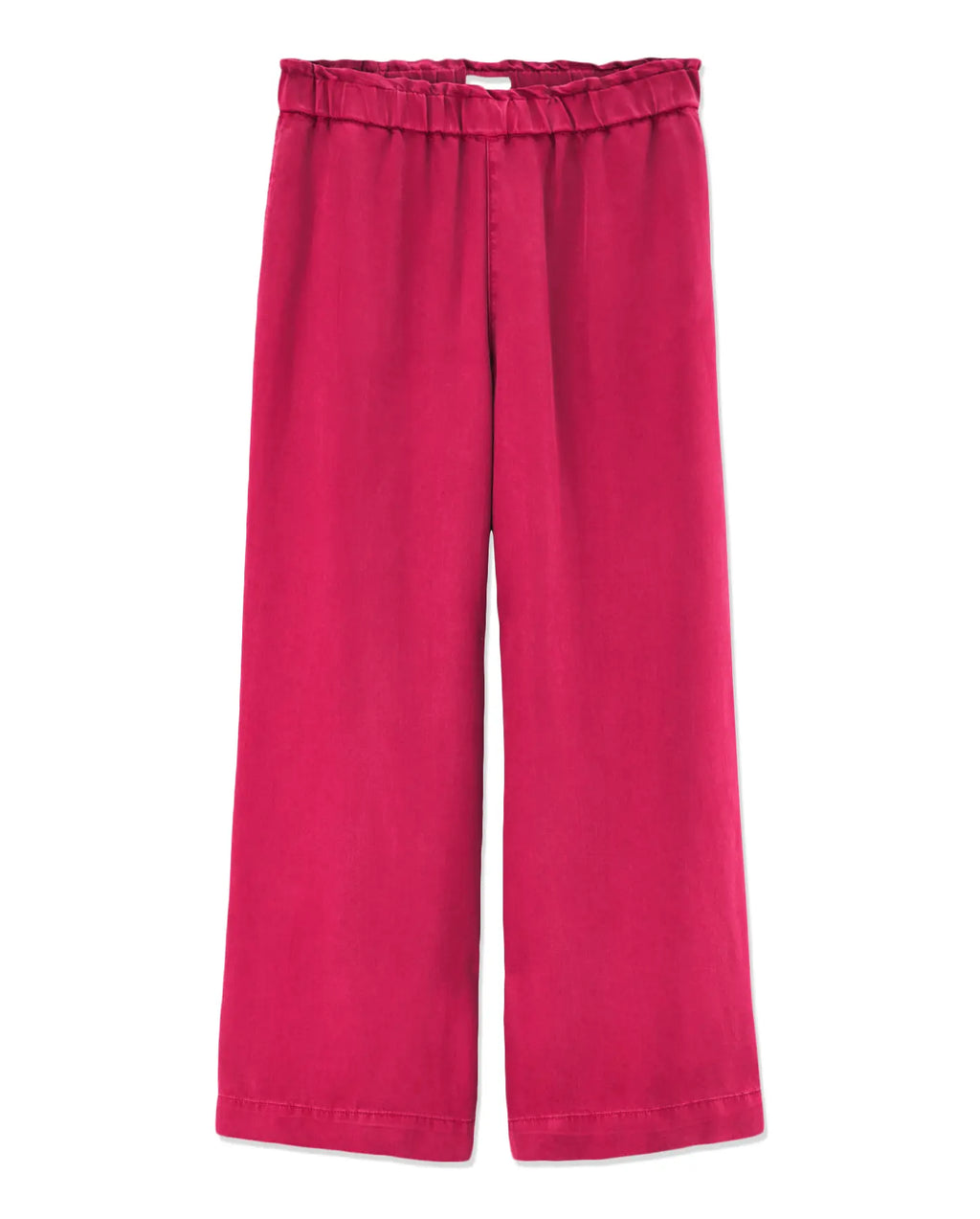 Pantalon femme en tencel rouge cerise, coupe large et fluide avec taille élastiquée pour un confort optimal et un style décontracté.