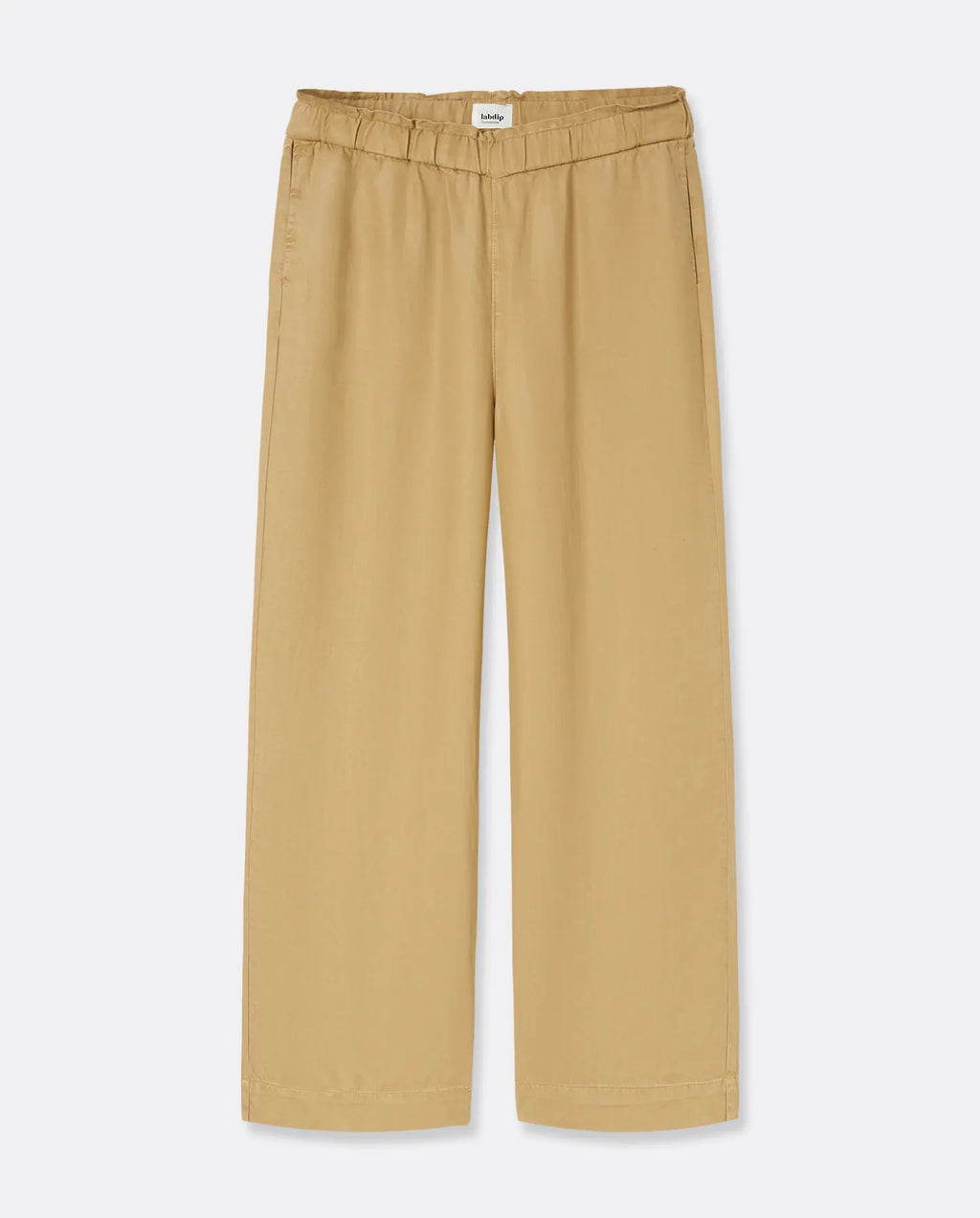 Pantalon femme en tissu Tencel couleur praline, coupe droite et fluide avec taille élastiquée pour un ajustement confortable et élégant.