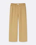 Pantalon femme en tissu Tencel couleur praline, coupe droite et fluide avec taille élastiquée pour un ajustement confortable et élégant.