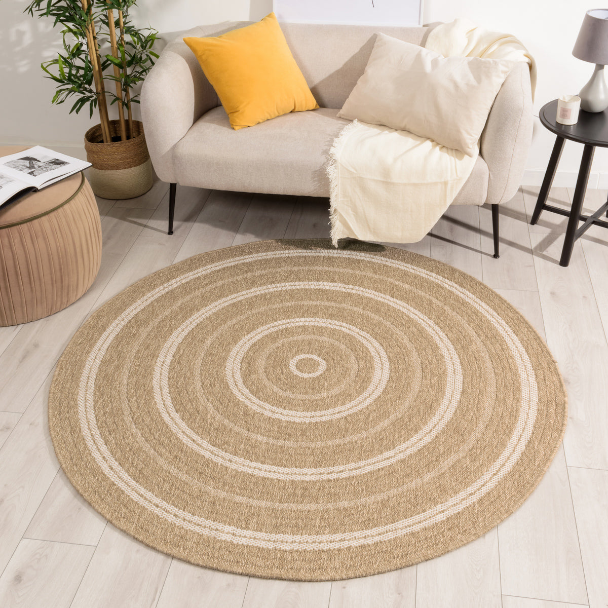 Alfombra efecto yute natural con motivos redondos blancos: NAT8863BLA - Nazar rugs