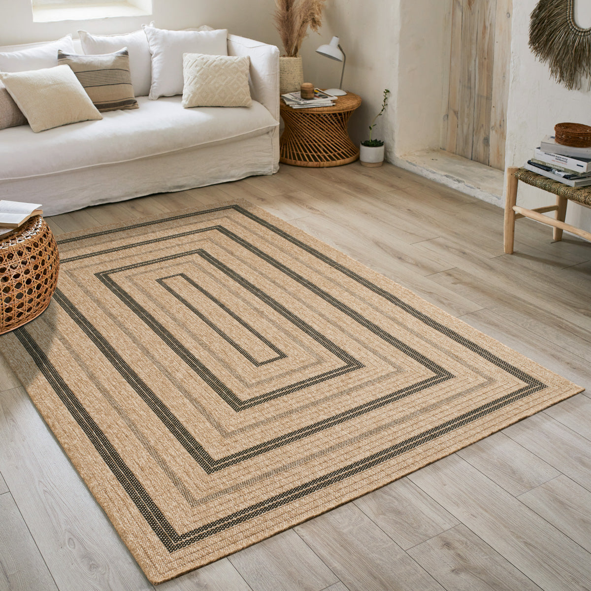 NATURE - Tapis effet jute naturel à motifs rectangulaires noirs - NAT8863NOI NATURE