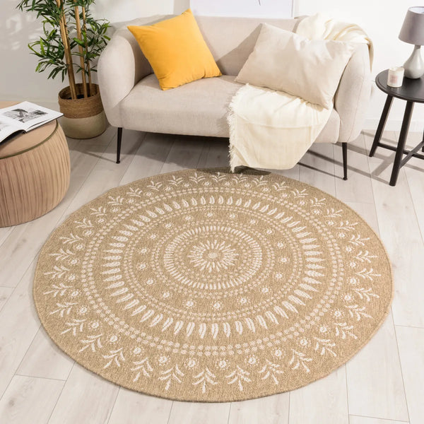 Natural jute effect rug with round white oriental patterns: NAT8874BLA - Nazar rugs