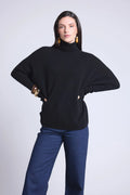 Jersey Cuello Vuelto Botones Dorados Poncho Naya - Negro Y Botones Dorados - Mujer
