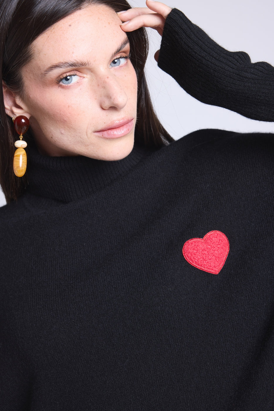 Pull Col Roule Coeur Poncho Naya - Noir Et Cœur Rouge - Femme
