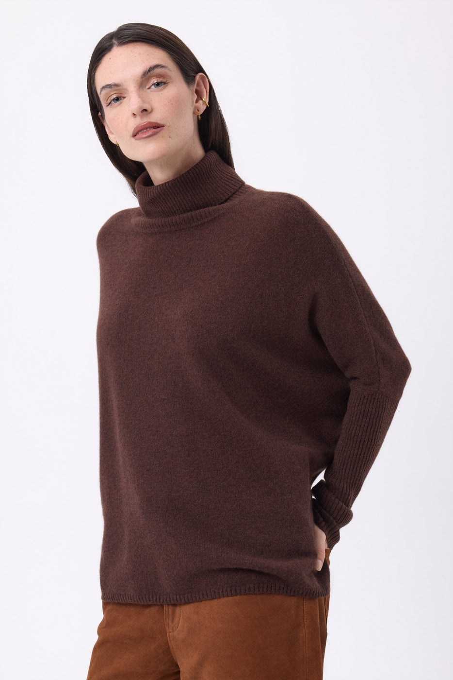 Jersey poncho de cuello alto Naya - Marrón chocolate - Mujer