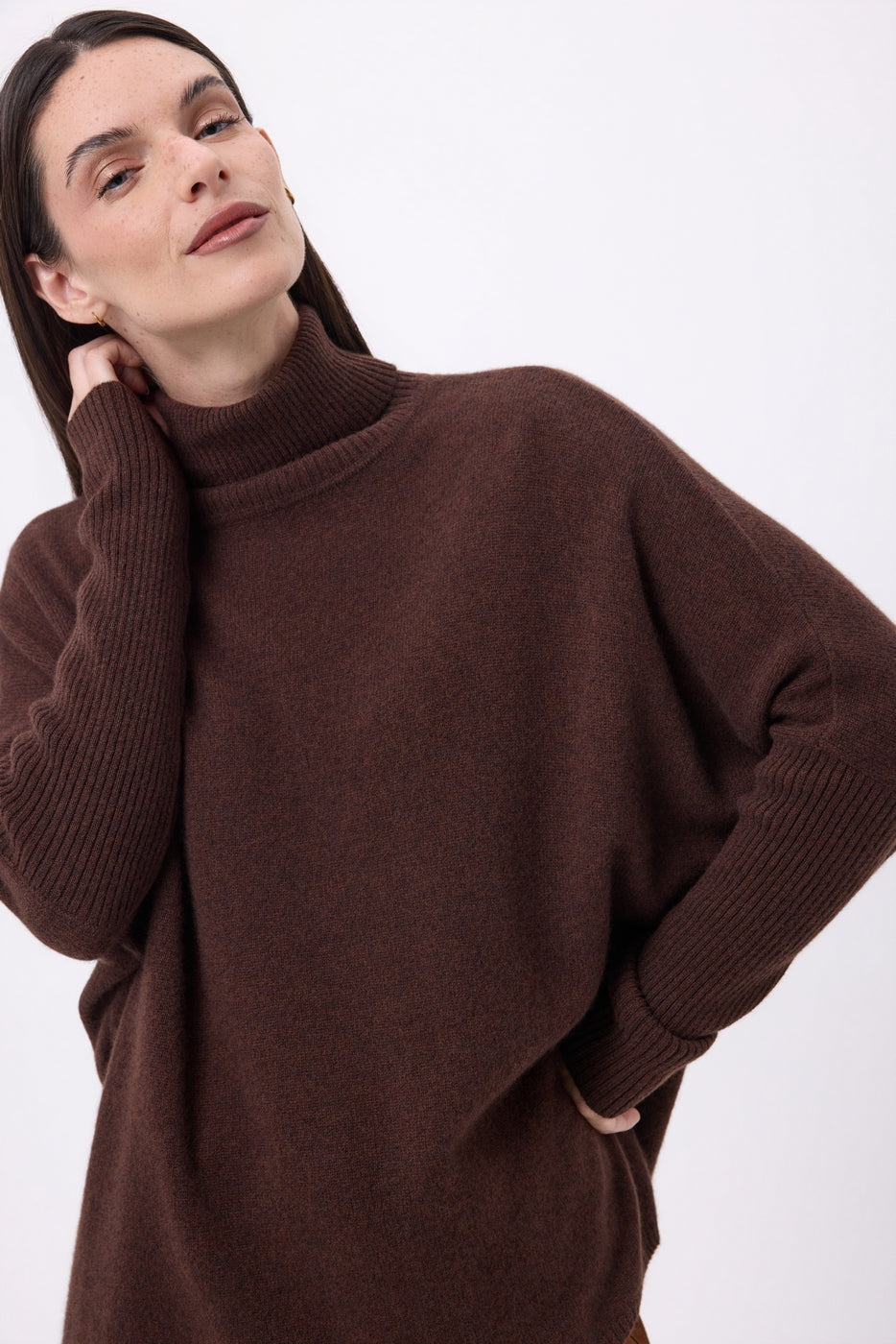 Jersey poncho de cuello alto Naya - Marrón chocolate - Mujer
