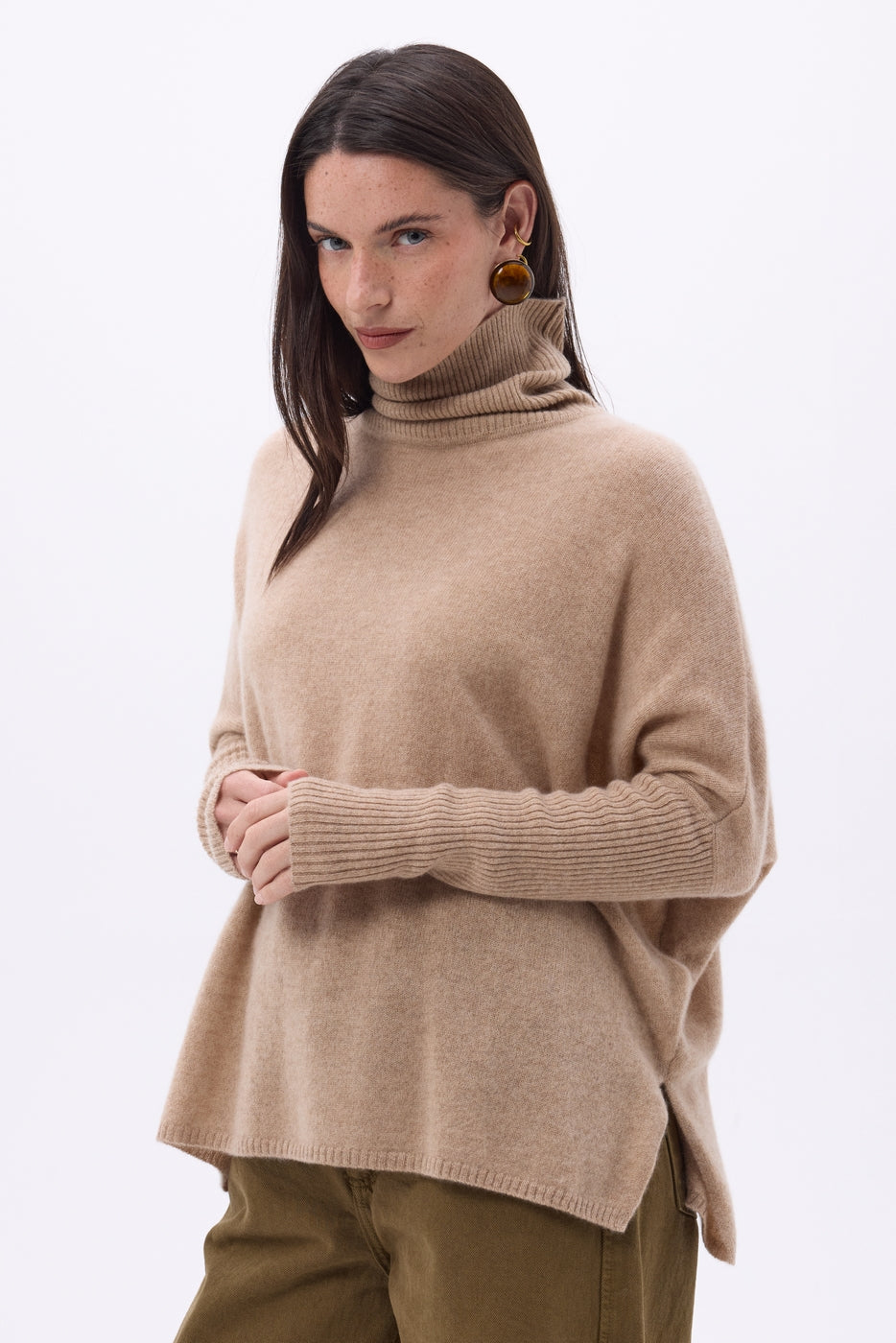 Jersey poncho de cuello alto Naya - Beige crema - Mujer