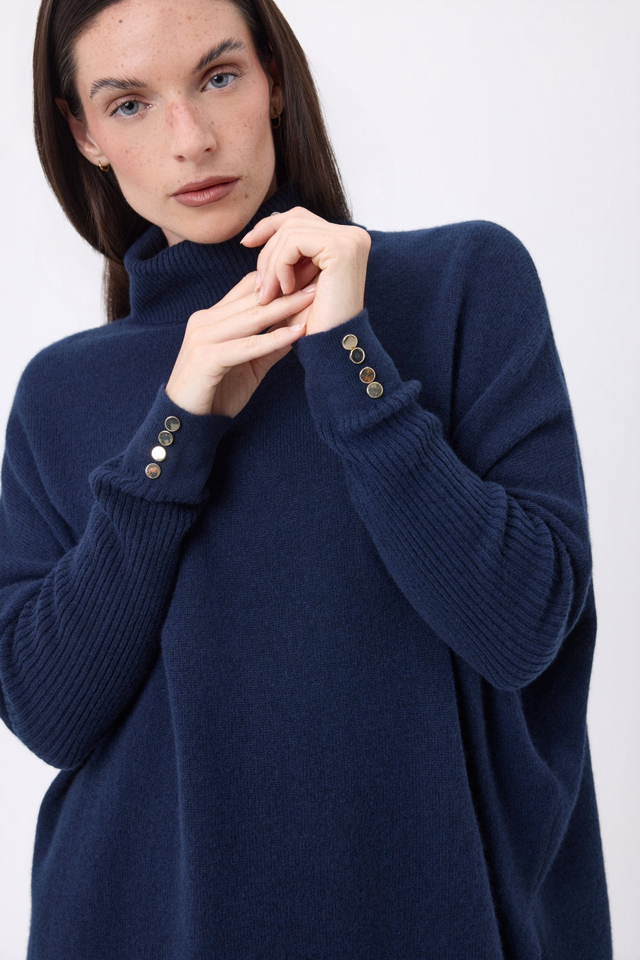 Pull Col Roule Poncho Avec Boutons Naya - Bleu Marine Bouttons Dores - Femme