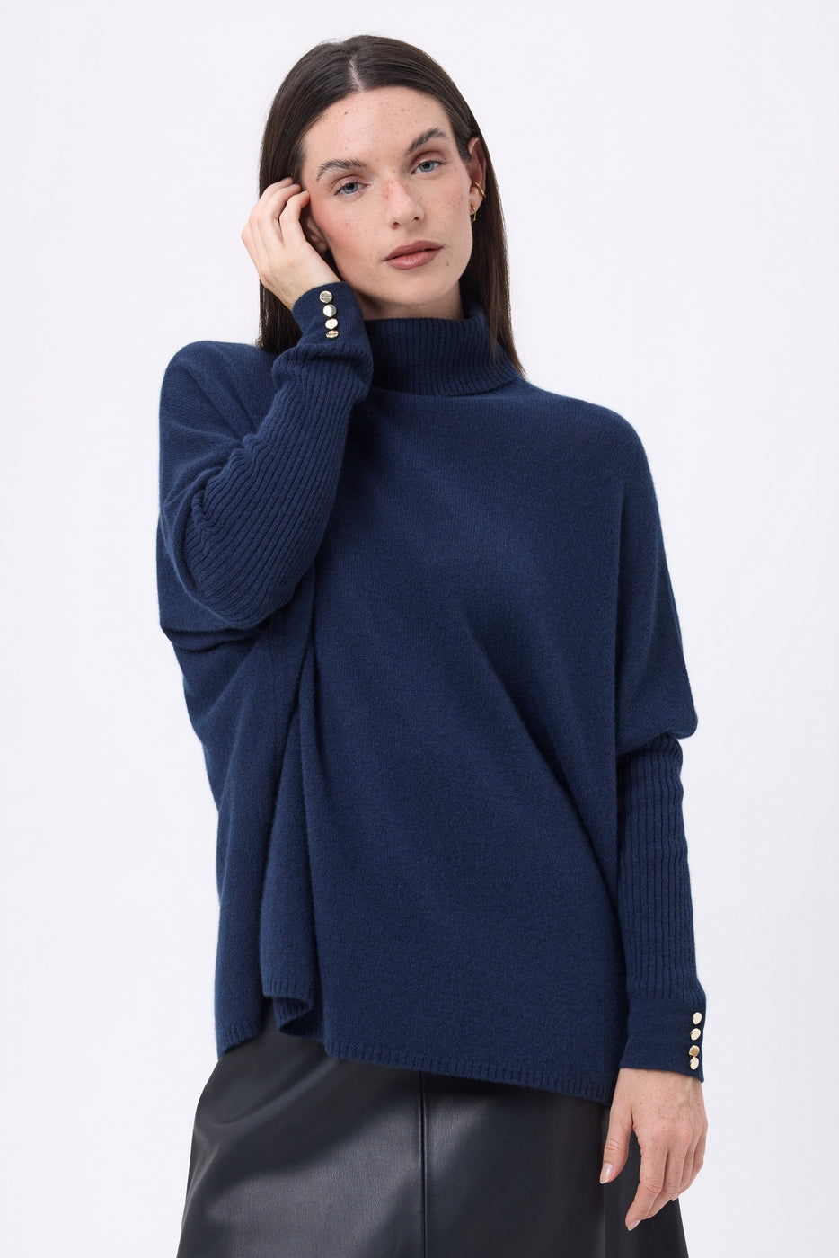 Pull Col Roule Poncho Avec Boutons Naya - Bleu Marine Bouttons Dores - Femme