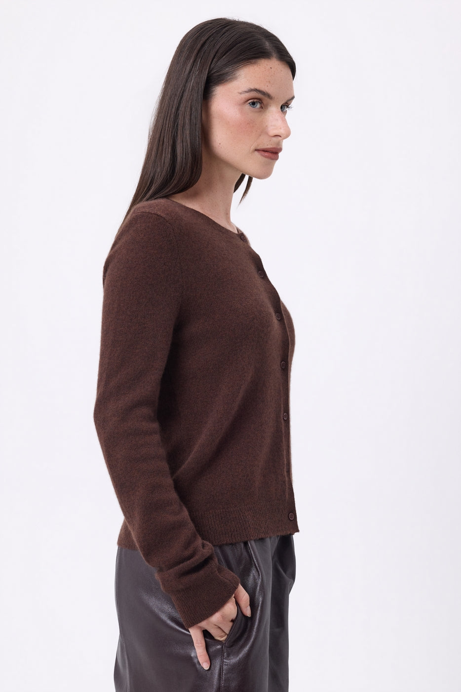 Neva Crew Neck Cardigan - Chocolate Brown - Women