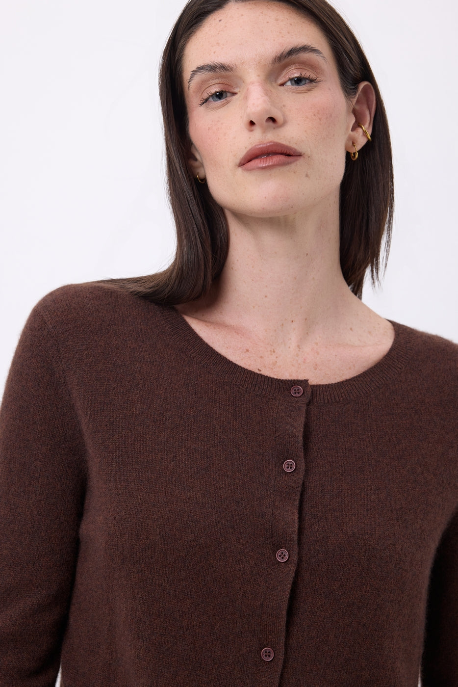 Neva Crew Neck Cardigan - Chocolate Brown - Women