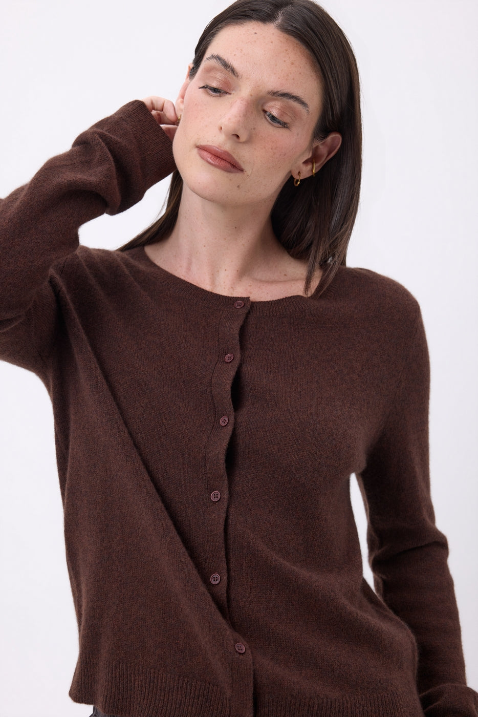 Neva Crew Neck Cardigan - Chocolate Brown - Women
