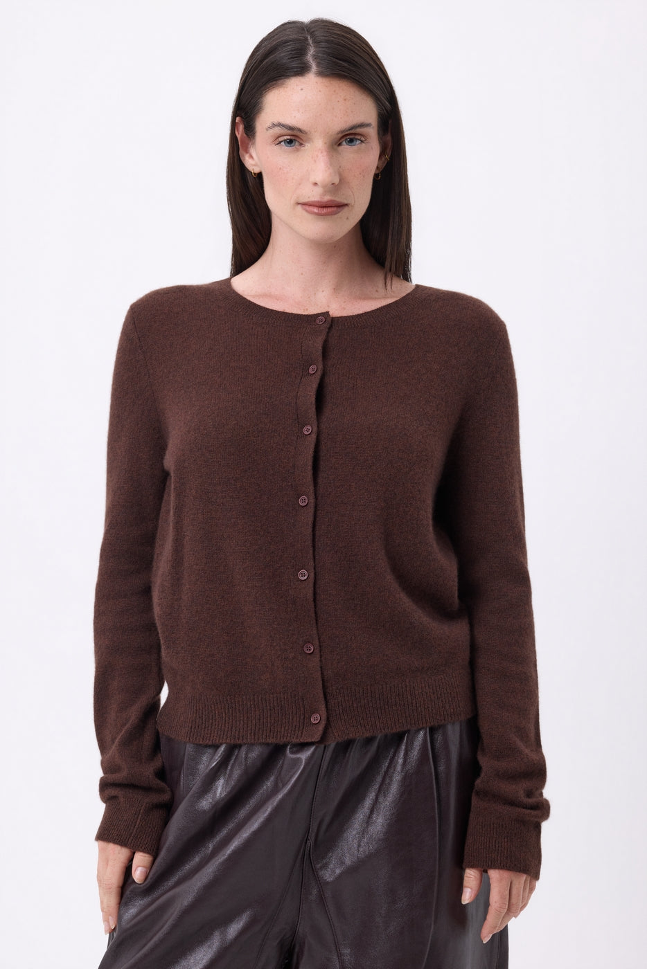 Neva Crew Neck Cardigan - Chocolate Brown - Women