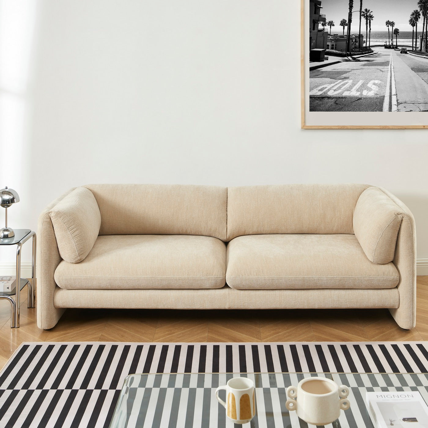 Nikki - 3-Seater Sofa - Textured Velvet - Beige