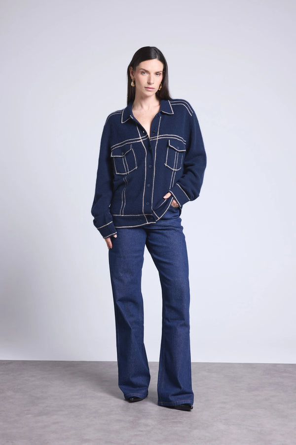 Veste Oversize Cachemire Nina - Bleu Marine Beige - Femme - 100% Cachemire