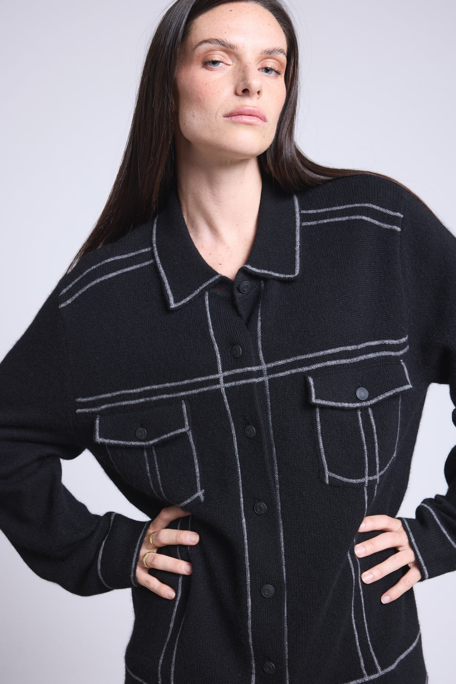 Chaqueta oversize de cachemira Nina - Negro gris - Mujer