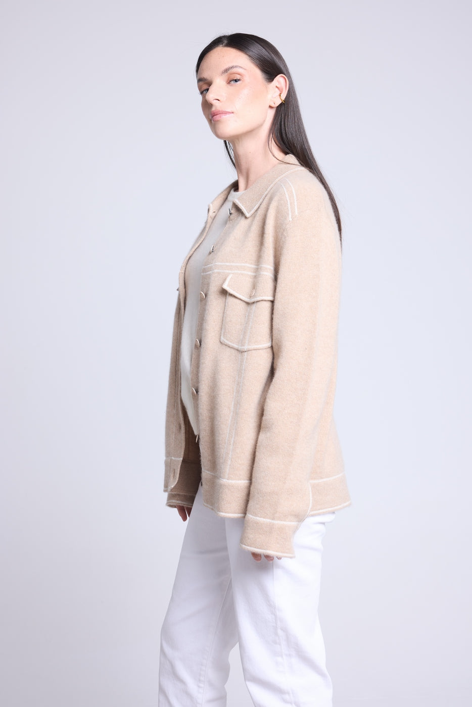 Chaqueta Oversize Cachemira Nina - Beige Blanco - Mujer