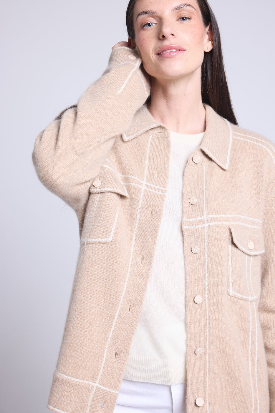 Veste Oversize Cachemire Nina - Beige Blanc - Femme