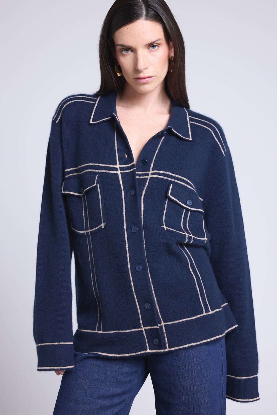 Chaqueta Oversize Cachemira Nina - Azul Marino Beige - Mujer