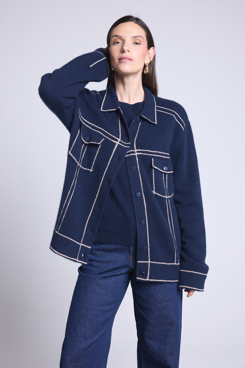 Chaqueta Oversize Cachemira Nina - Azul Marino Beige - Mujer