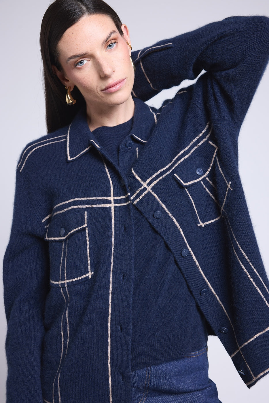 Chaqueta Oversize Cachemira Nina - Azul Marino Beige - Mujer