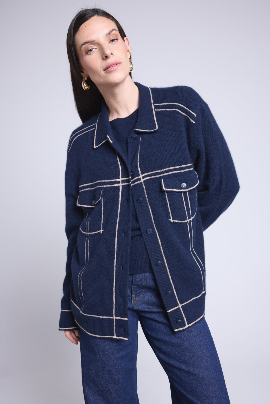 Chaqueta Oversize Cachemira Nina - Azul Marino Beige - Mujer
