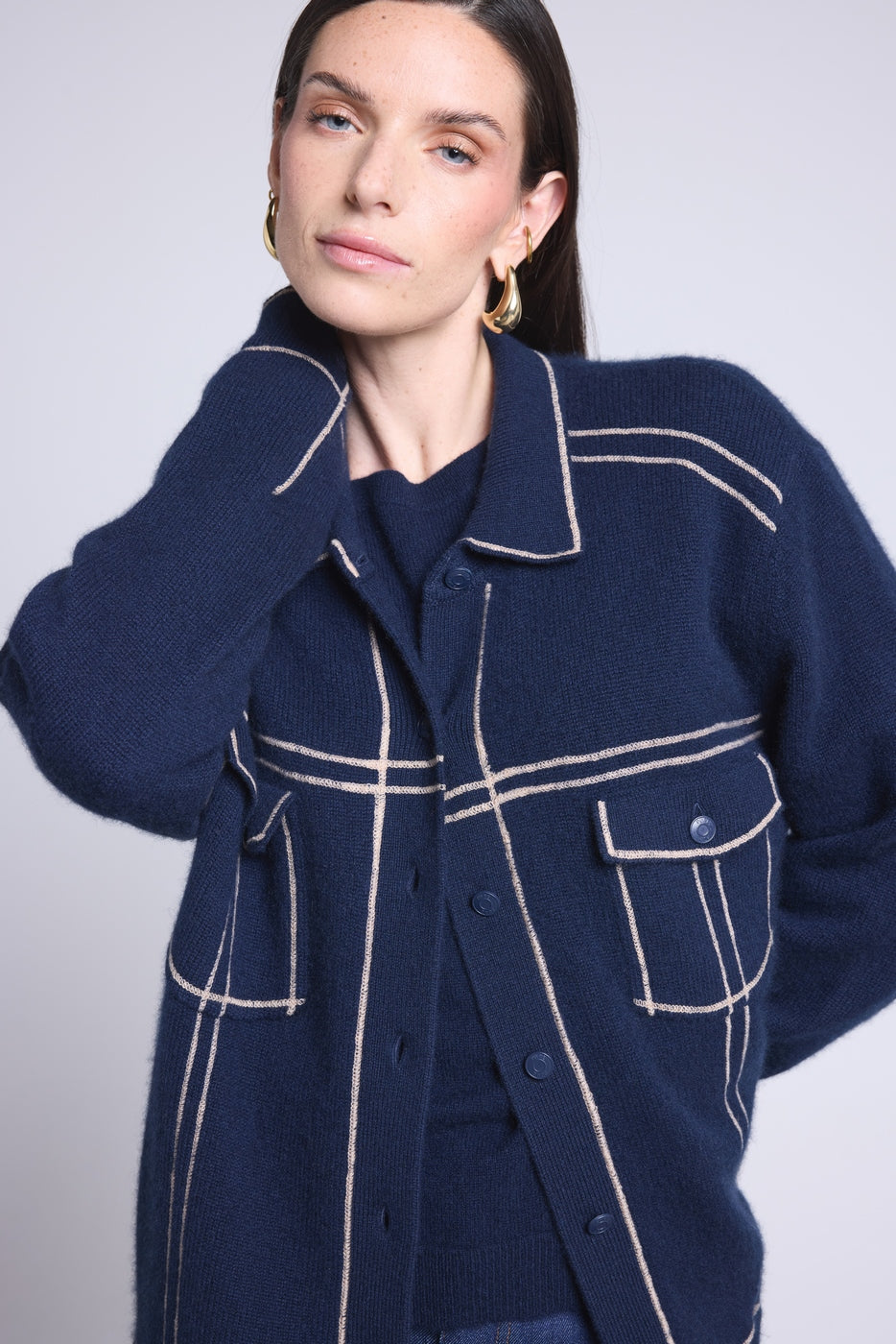 Chaqueta Oversize Cachemira Nina - Azul Marino Beige - Mujer