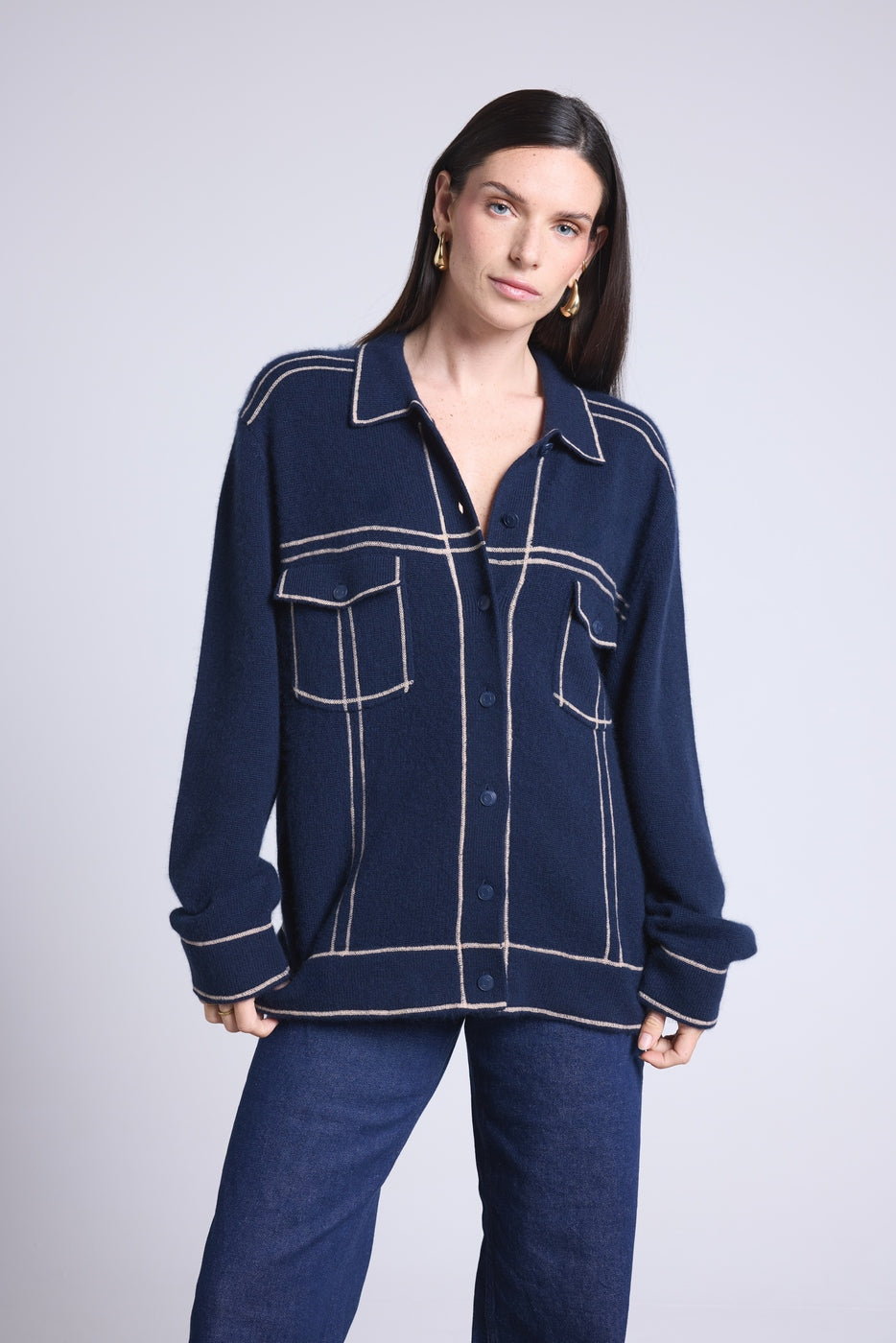 Chaqueta Oversize Cachemira Nina - Azul Marino Beige - Mujer