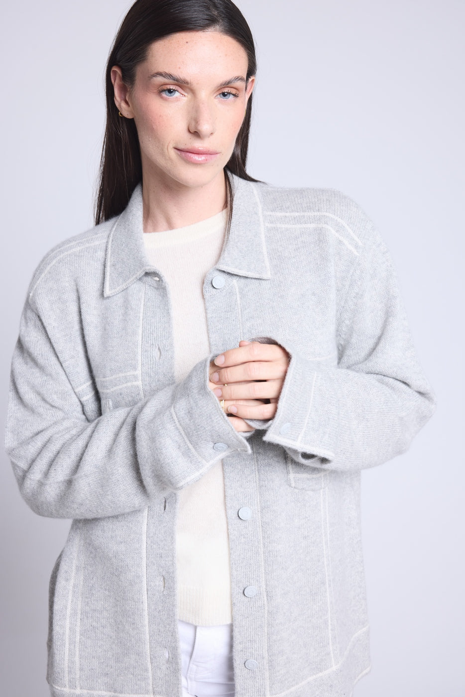 Chaqueta oversize de cachemira Nina - Gris blanco - Mujer