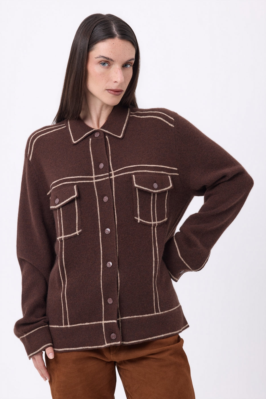 Nina Oversized Jacket - Chocolate Brown Beige Cream - Women