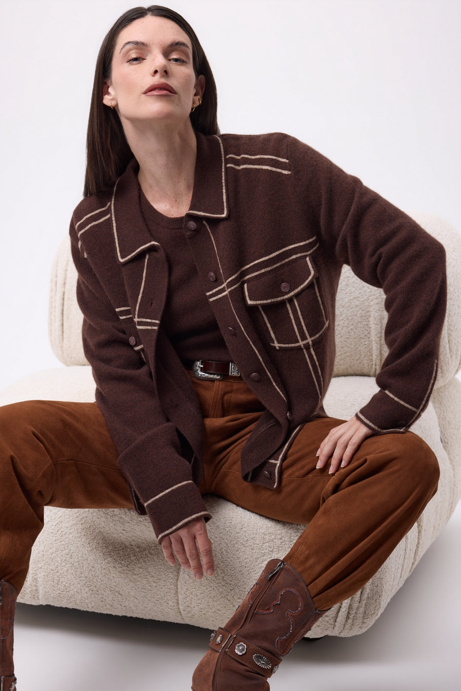 Nina Oversized Jacket - Chocolate Brown Beige Cream - Women