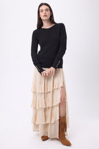 Pull Col Rond Boutons Dorés Manches Ballon Od - Noir - Femme