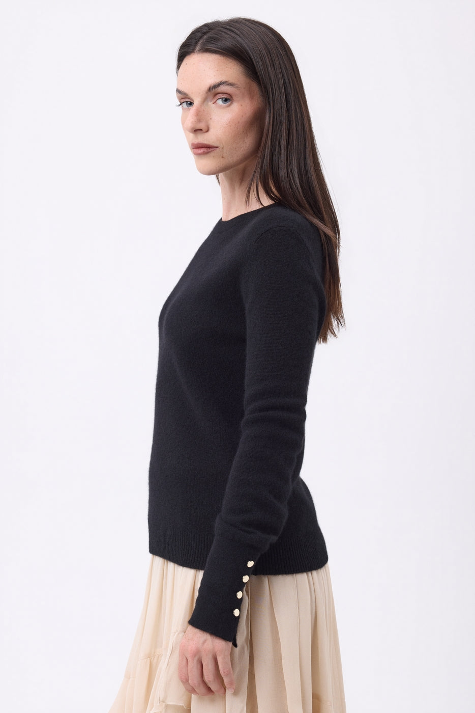 Pull Col Rond Boutons Dorés Manches Ballon Od - Noir - Femme