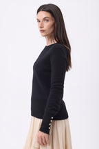 Pull Col Rond Boutons Dorés Manches Ballon Od - Noir - Femme