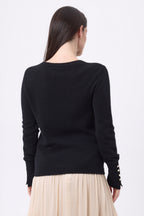 Pull Col Rond Boutons Dorés Manches Ballon Od - Noir - Femme