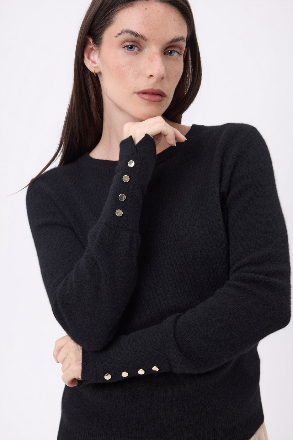 Pull Col Rond Boutons Dorés Manches Ballon Od - Noir - Femme