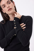 Pull Col Rond Boutons Dorés Manches Ballon Od - Noir - Femme