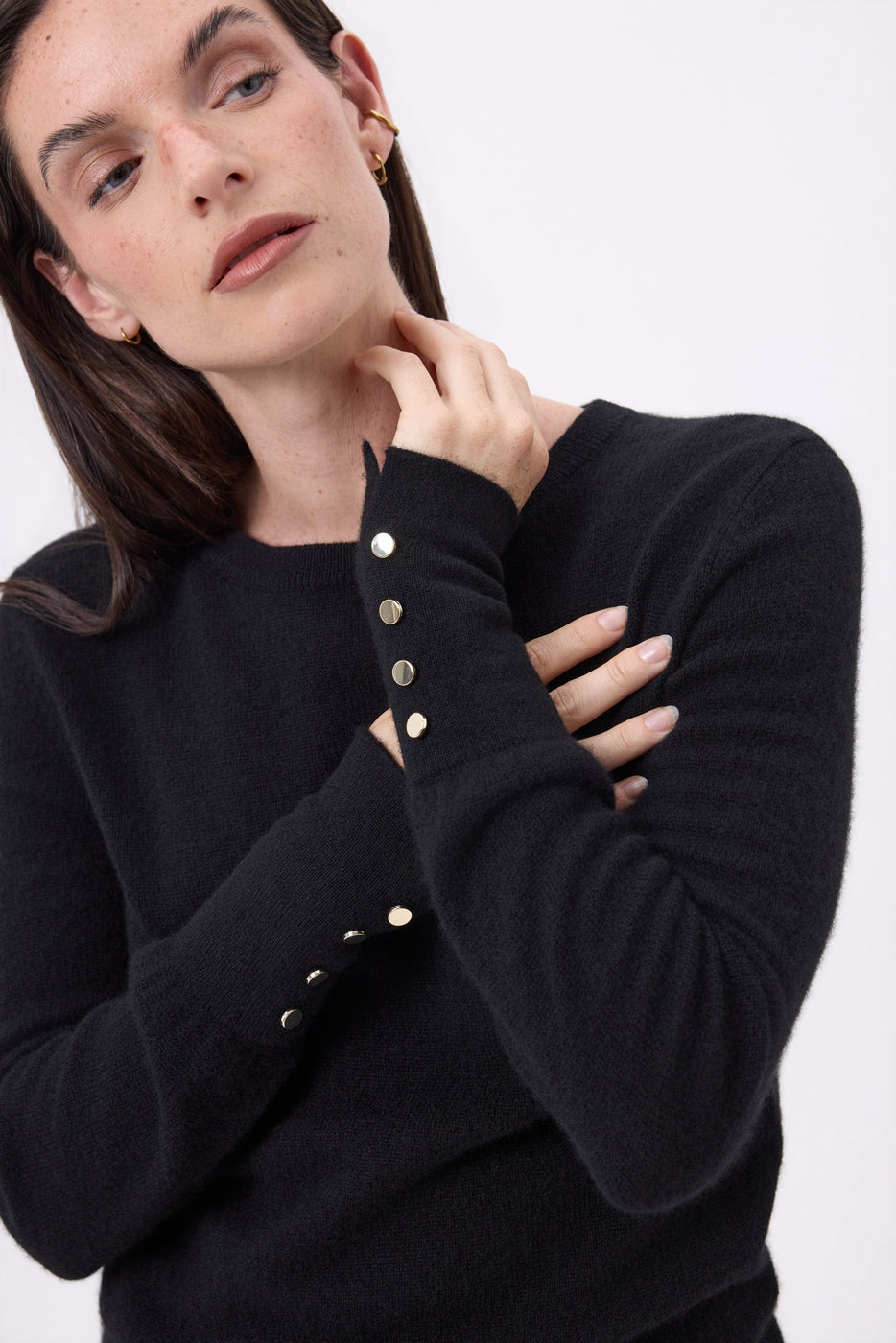 Pull Col Rond Boutons Dorés Manches Ballon Od - Noir - Femme
