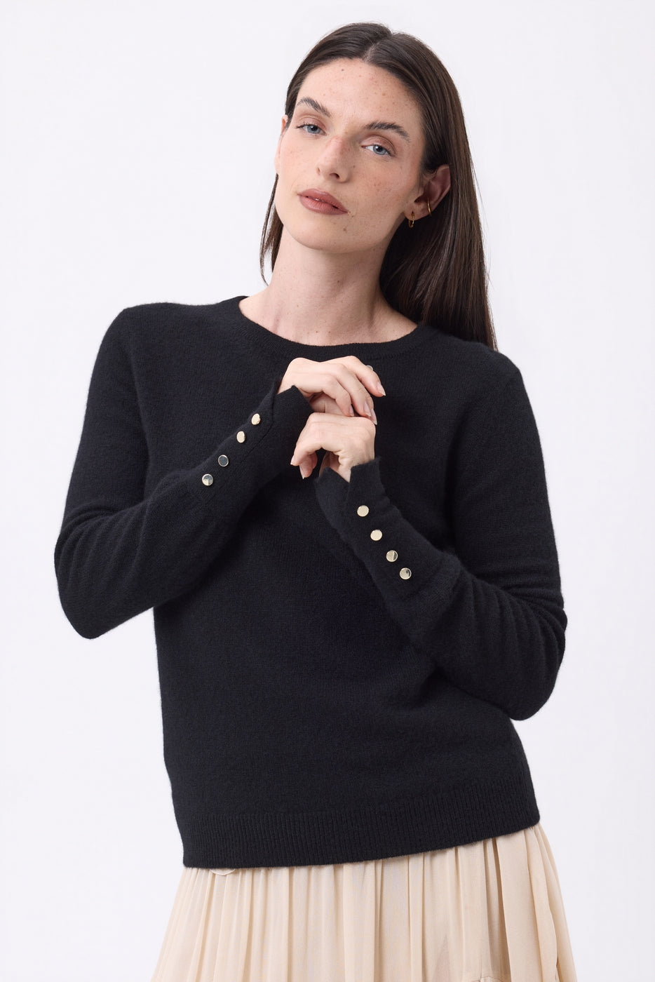 Pull Col Rond Boutons Dorés Manches Ballon Od - Noir - Femme