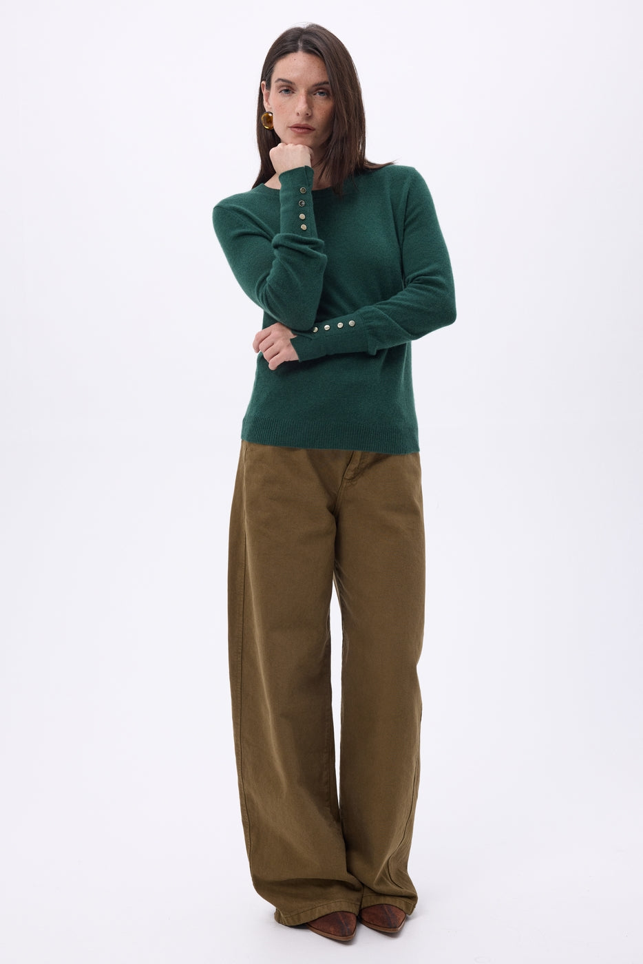 Pull Col Rond Boutons Dorés Manches Ballon Od - Vert Bouteille - Femme