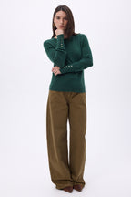 Pull Col Rond Boutons Dorés Manches Ballon Od - Vert Bouteille - Femme