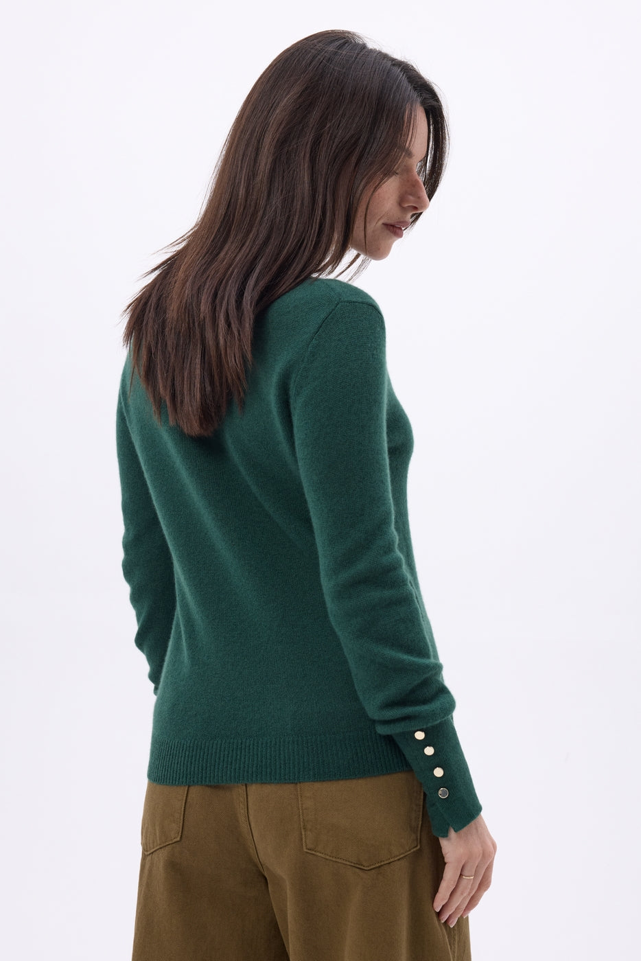 Pull Col Rond Boutons Dorés Manches Ballon Od - Vert Bouteille - Femme