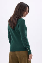Pull Col Rond Boutons Dorés Manches Ballon Od - Vert Bouteille - Femme