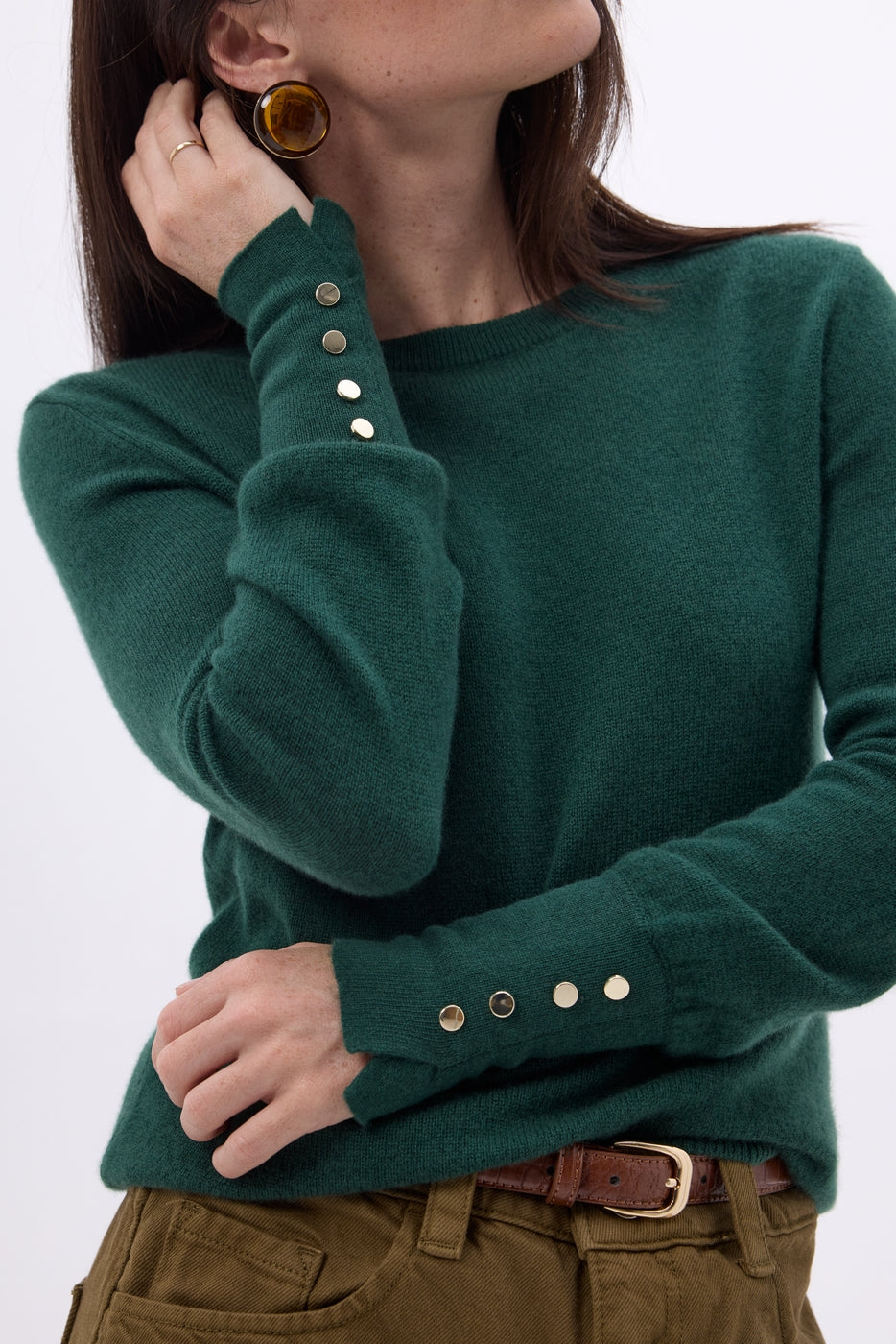Pull Col Rond Boutons Dorés Manches Ballon Od - Vert Bouteille - Femme