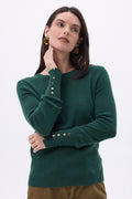 Pull Col Rond Boutons Dorés Manches Ballon Od - Vert Bouteille - Femme
