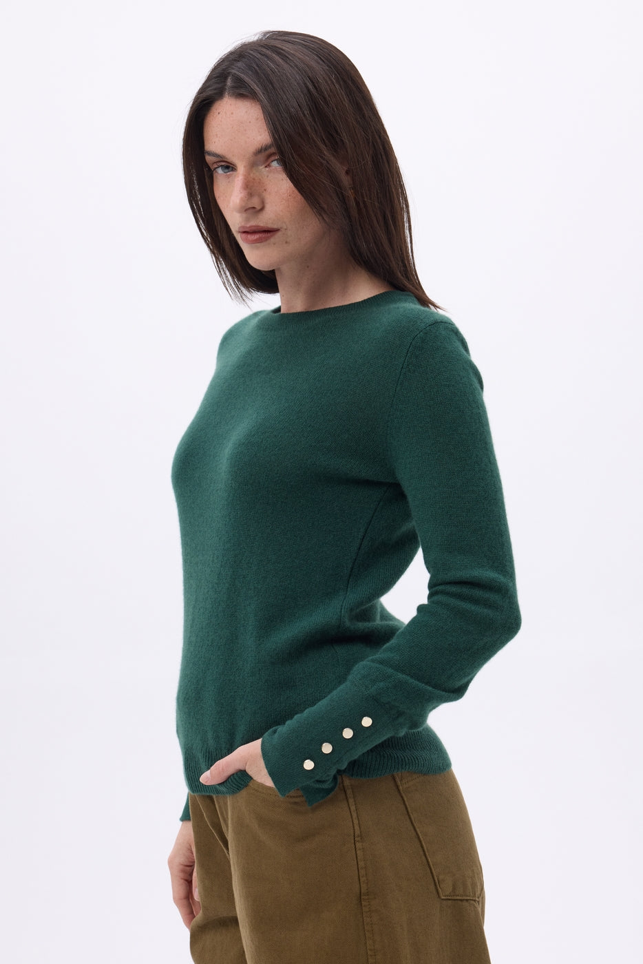Pull Col Rond Boutons Dorés Manches Ballon Od - Vert Bouteille - Femme