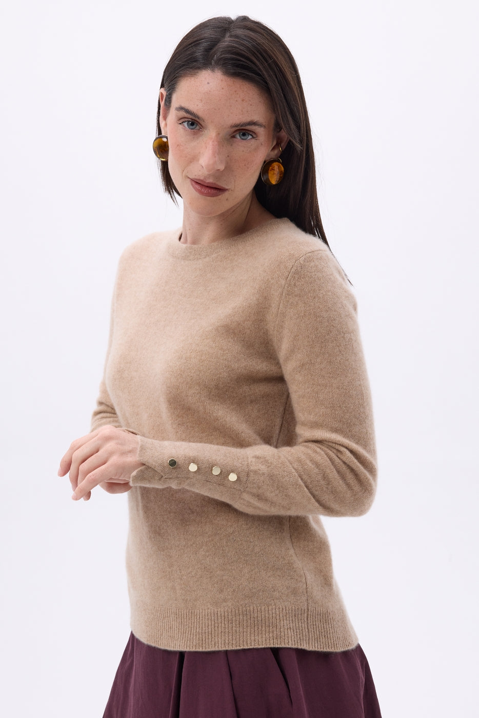 Pull Col Rond Boutons Dorés Manches Ballon Od - Beige Creme - Femme