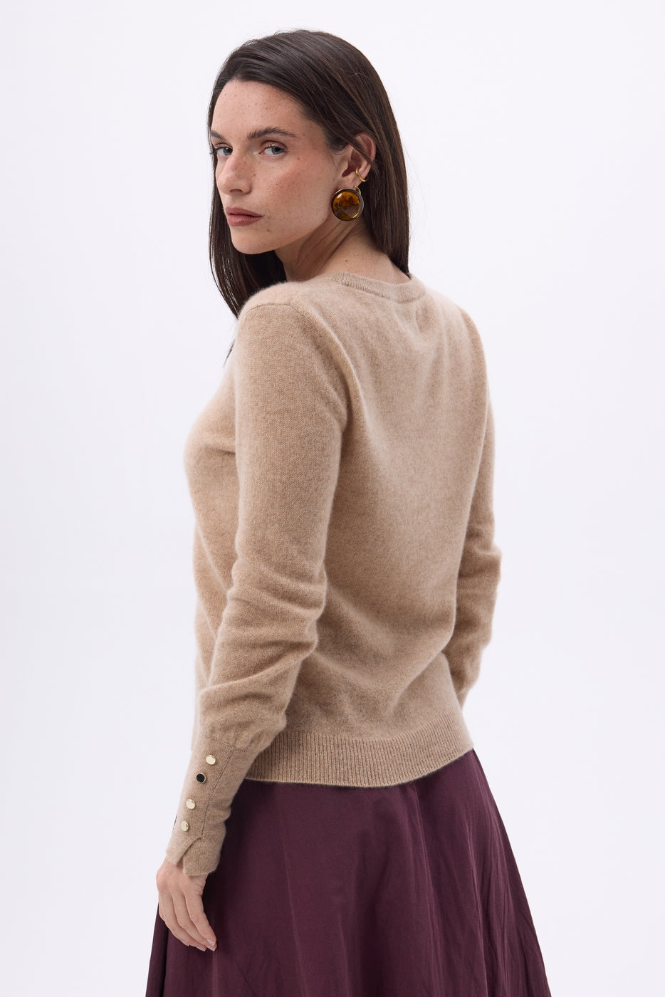Pull Col Rond Boutons Dorés Manches Ballon Od - Beige Creme - Femme